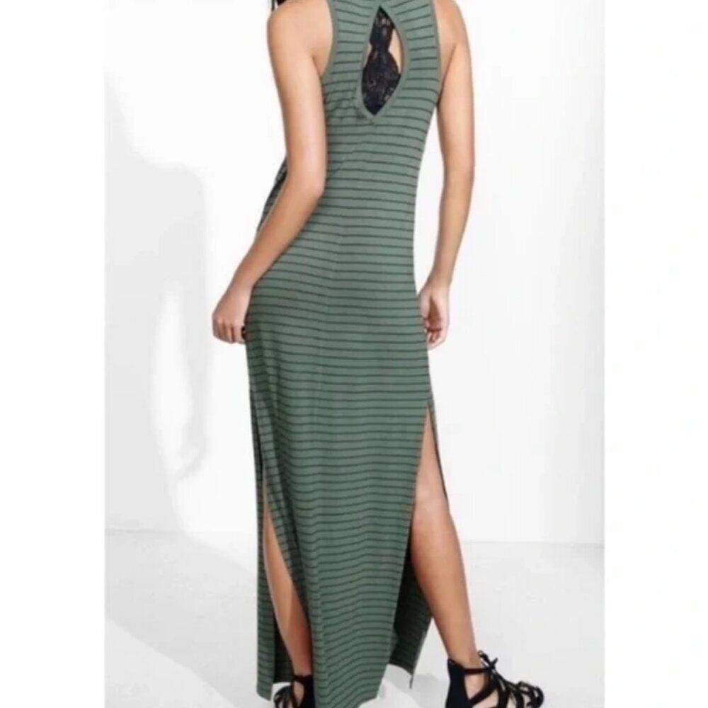 Express Olive Green Striped Maxi Dress Keyhole Back Side Slits Womens Size Small